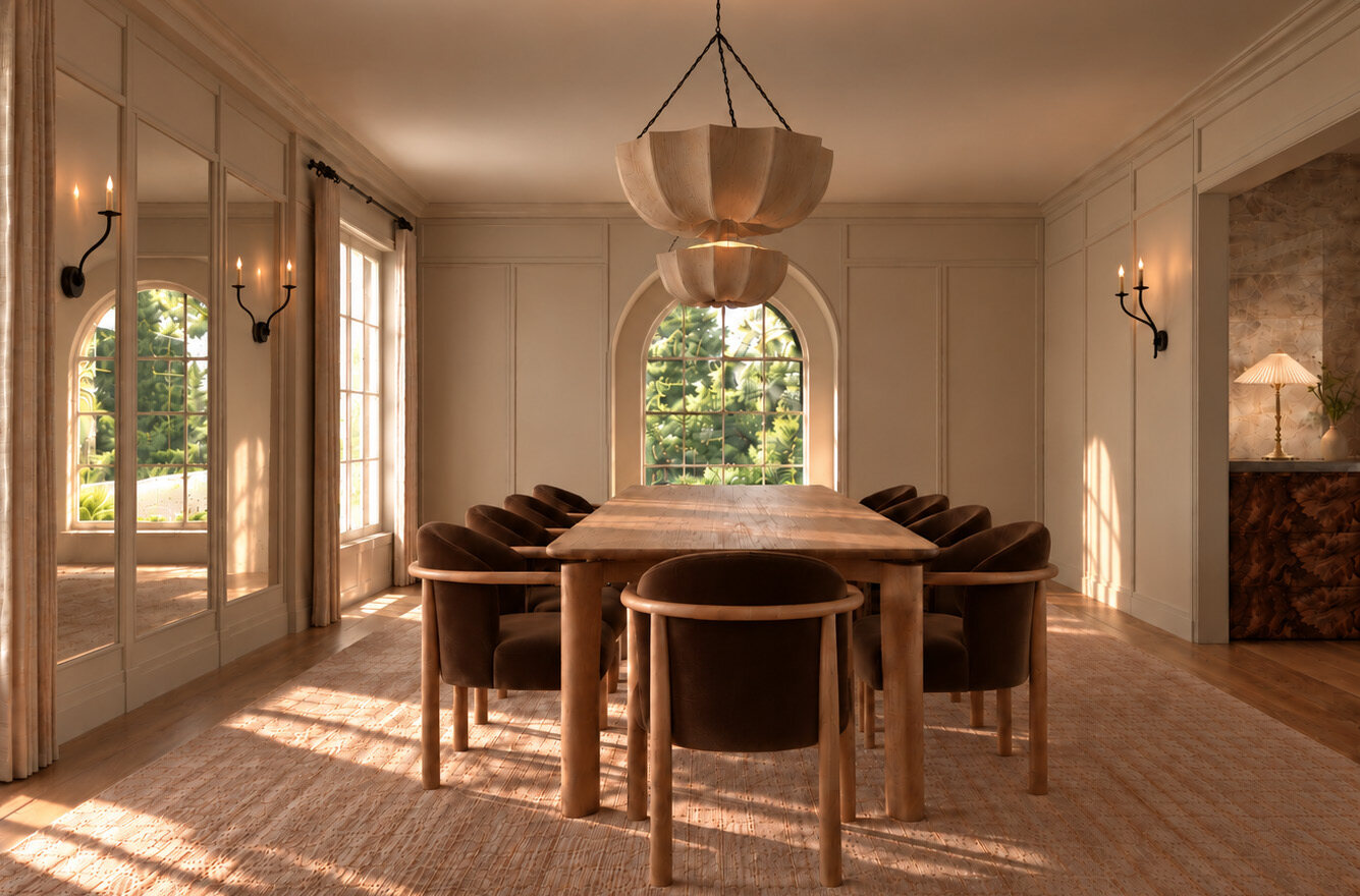Lindenhurst Avenue dining room rendering, scheme A, with cream paneling and a tiered plaster chandelier