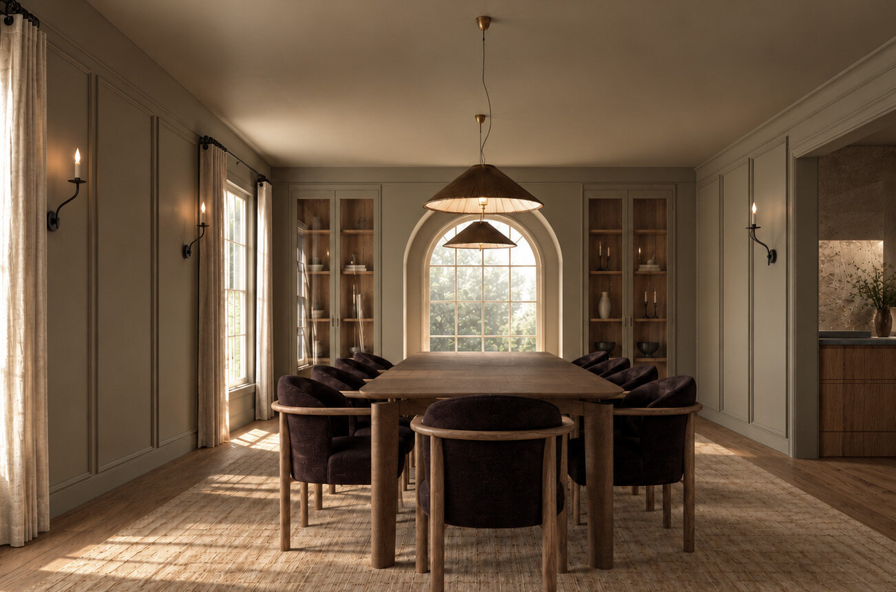 Lindenhurst Avenue dining room rendering, scheme B, with greige paneling, glass-front cabinets, and brass pendants