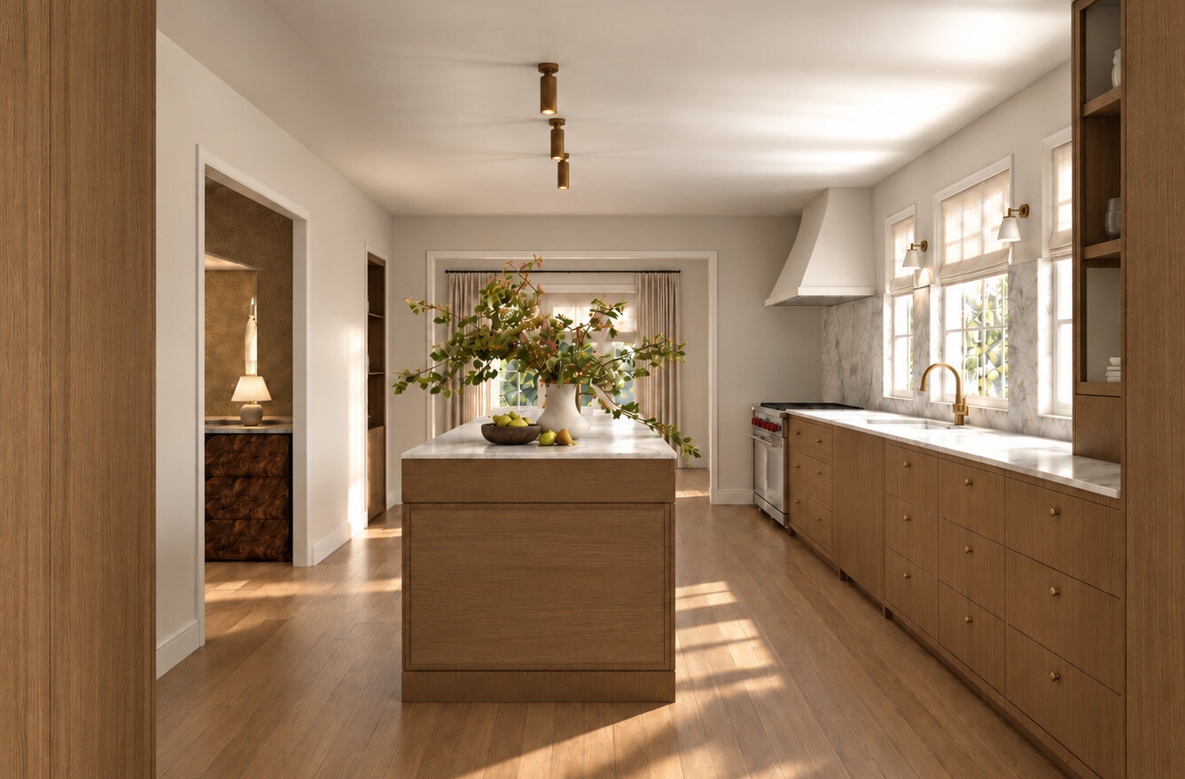 Lindenhurst Avenue kitchen rendering looking down the island toward the breakfast room