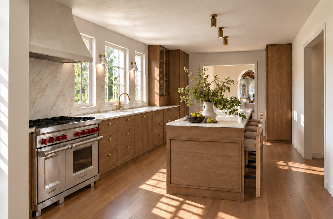 Lindenhurst Avenue kitchen rendering showing the range wall, marble backsplash, and oak island with counter stools