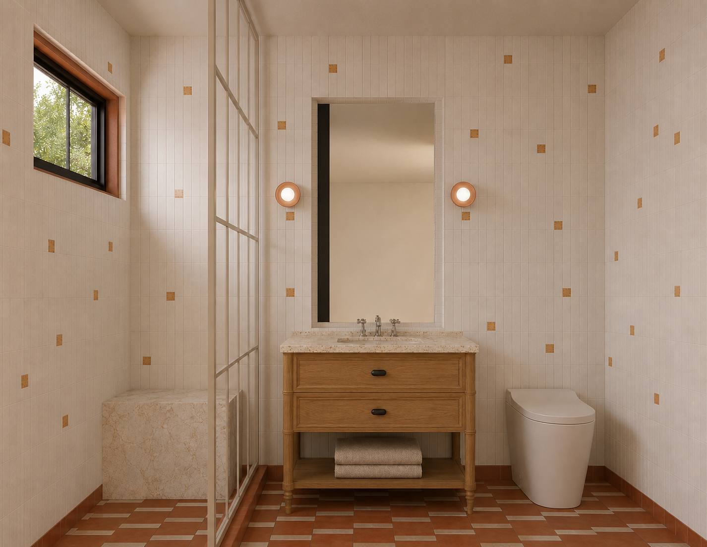 Palisades Rebuild family bathroom rendering with cream stacked wall tile, terracotta accents and floor, and a turned-leg oak vanity