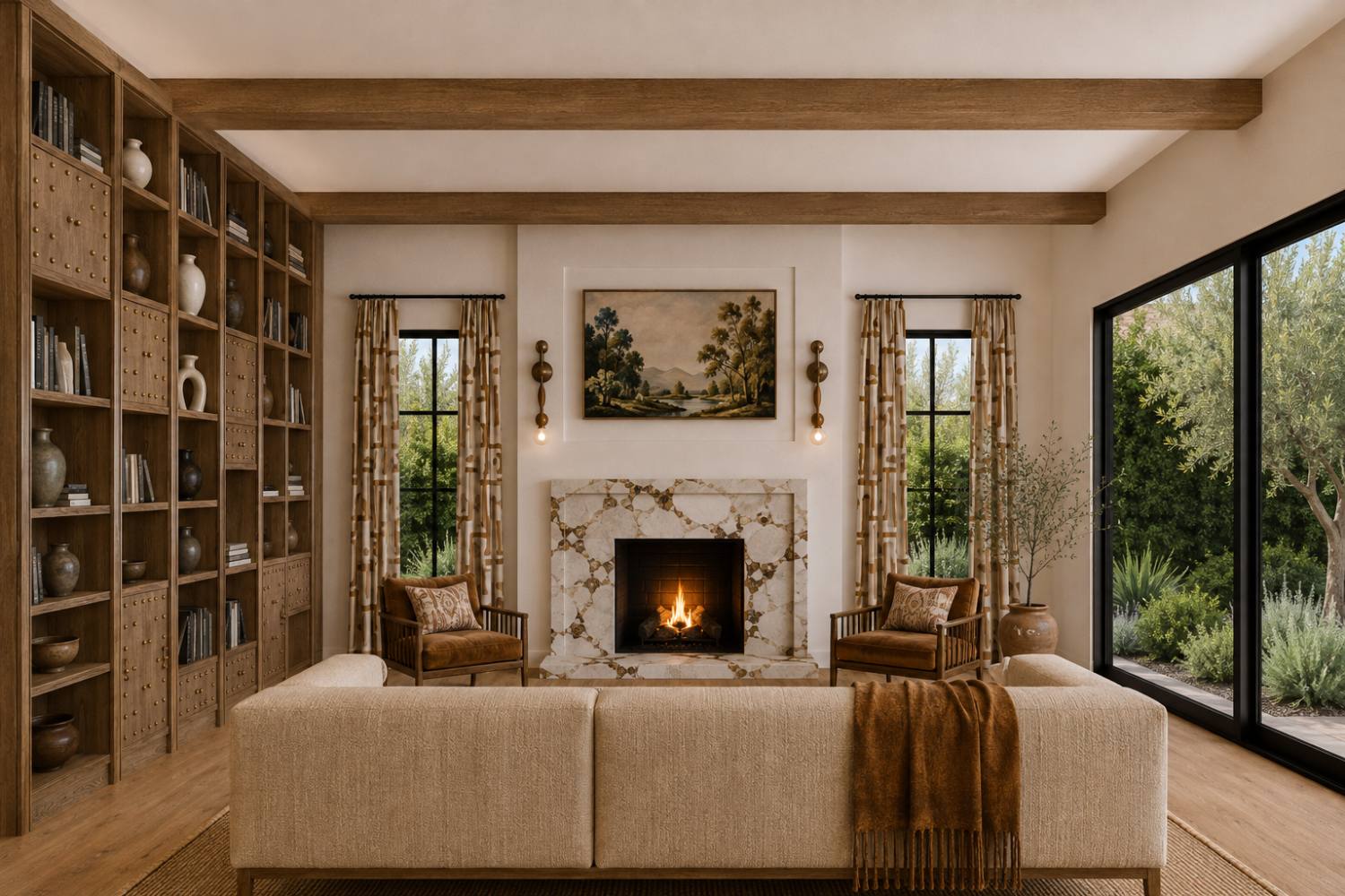 Palisades Rebuild family room rendering with a white marble fireplace, a full wall of oak bookshelves, and a linen sofa