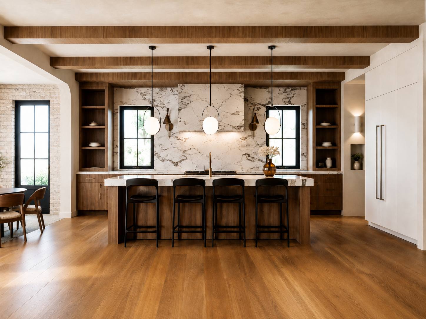 Palisades Rebuild kitchen rendering with a Calacatta marble backsplash and hood, walnut island with four stools, and globe pendants