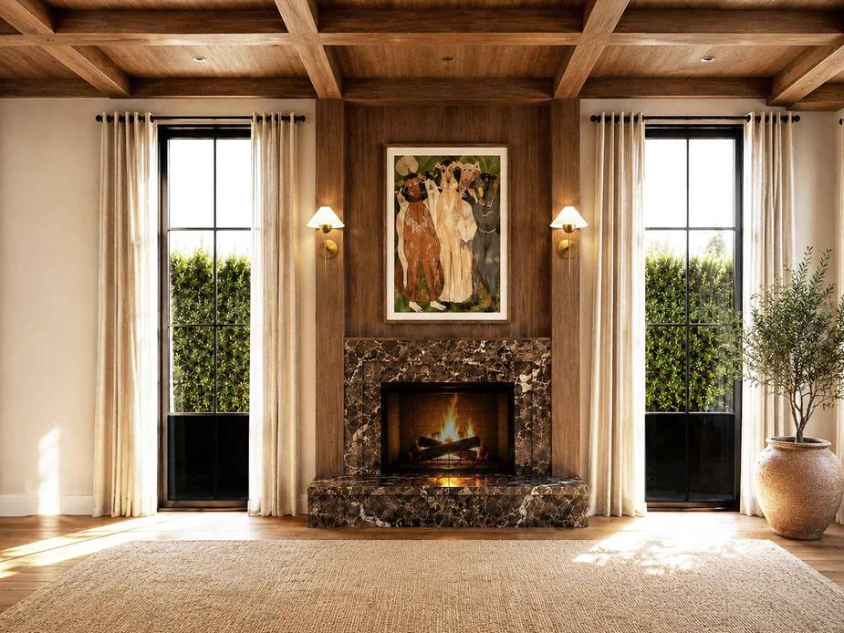 Palisades Rebuild living room rendering with a dark Emperador marble fireplace, walnut-paneled chimney breast, and tall black steel windows