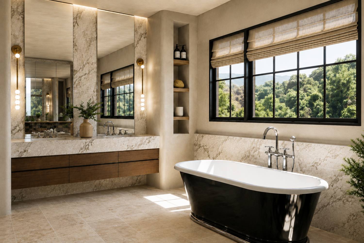 Palisades Rebuild primary bath rendering with a black freestanding cast iron tub, marble wainscot, and a floating walnut vanity
