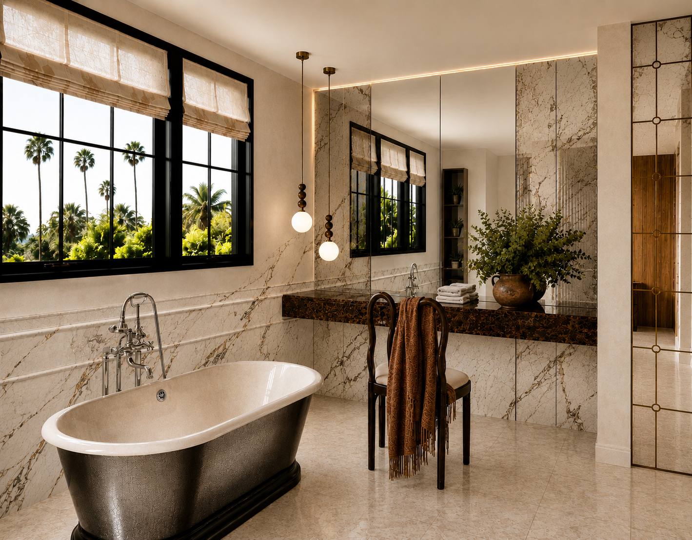 Palisades Rebuild primary bath rendering with a dark marble makeup vanity, glass globe pendants, and a mirrored wall