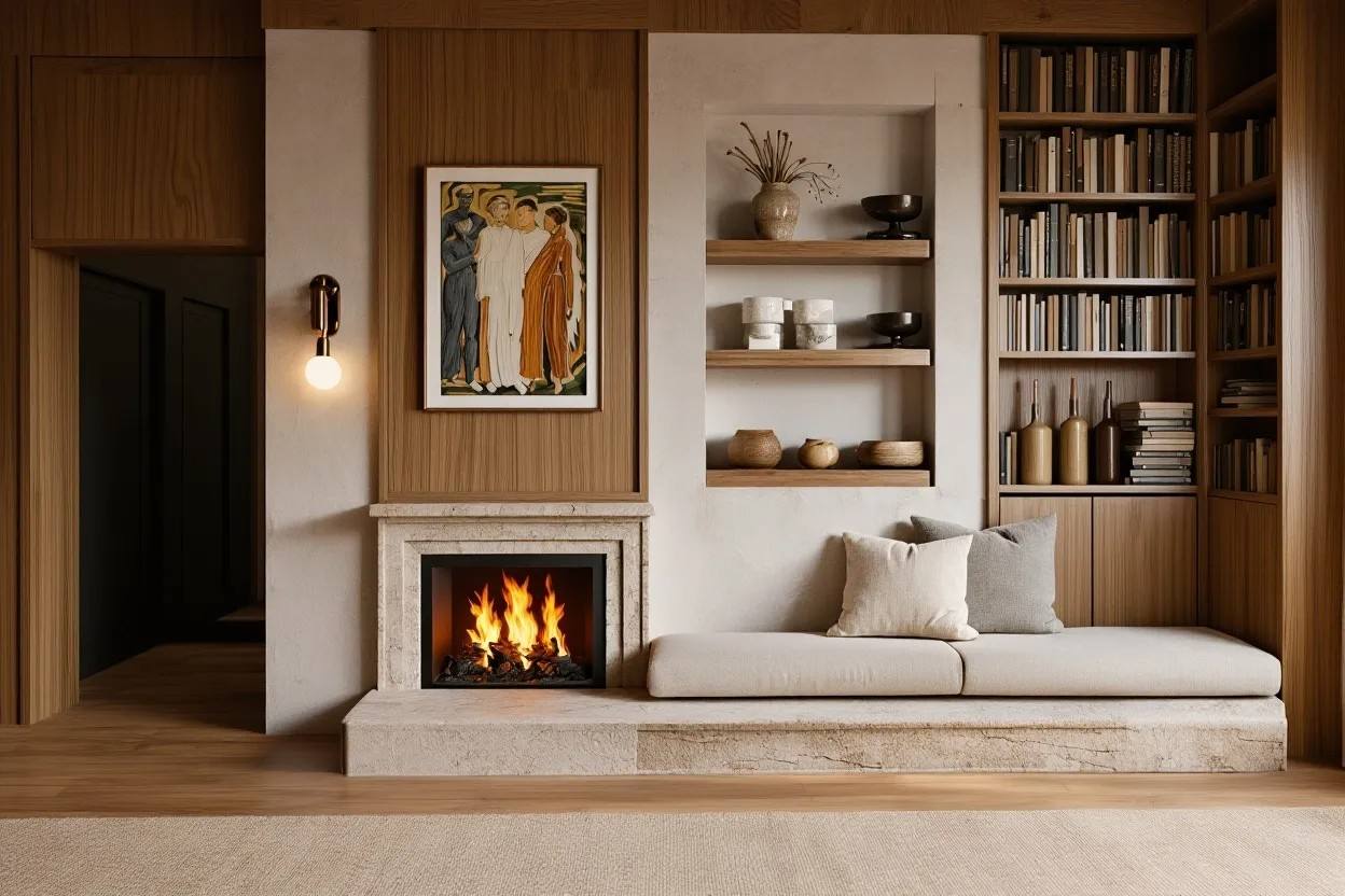 Palisades Rebuild primary bedroom rendering with a travertine fireplace, a cushioned built-in bench, and walnut bookshelves