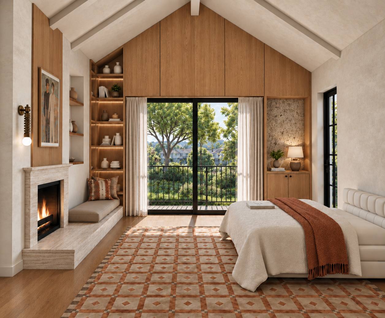 Palisades Rebuild primary bedroom rendering with a vaulted ceiling, oak-paneled gable wall, lit shelving, and balcony doors
